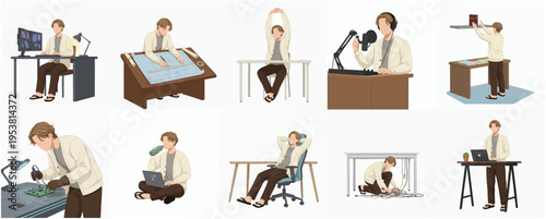 Flat Illustration Set Various Poses Architect or Engineer Working at Desk