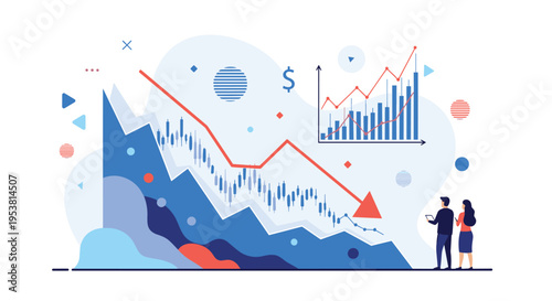 Business professionals observing a significant downward trend on a large financial graph representing a market crash or economic recession.