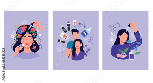 Set of skincare and hair care illustrations featuring people applying serums, oils and treatments with flowers and molecular symbols for health.