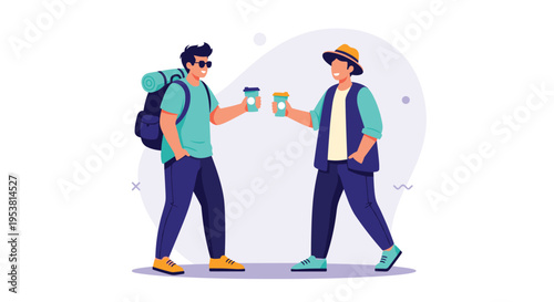 Two cheerful male hikers with backpacks and hats enjoying a coffee break and conversation during their mountain trekking adventure trip.