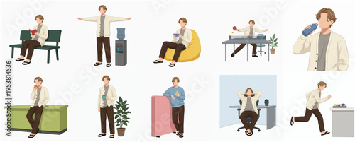 Stylish Flat Design Man in Various Activities and Workplace Scenarios Illustration