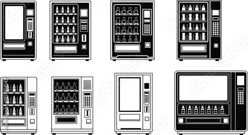 Black and white illustration set of eight vending machines with varied designs, product windows, buttons, and payment slots, symbolizing technology, retail, accessibilit