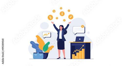 Successful businesswoman celebrating financial victory with arms raised as gold coins fall around her in a modern office with growth charts.