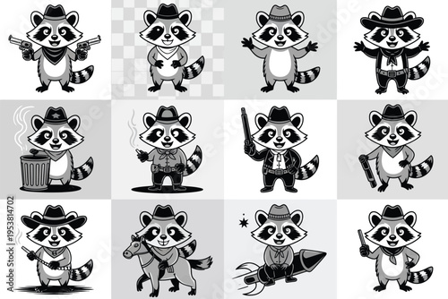 Black and white of a cartoon cowboy in different poses