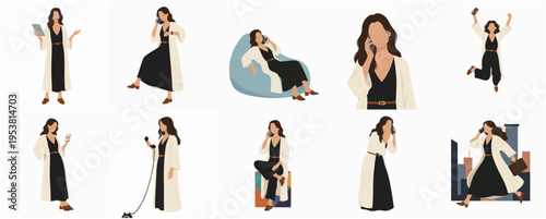 Minimalist Flat Style Various Pose Woman in Black Dress Illustration