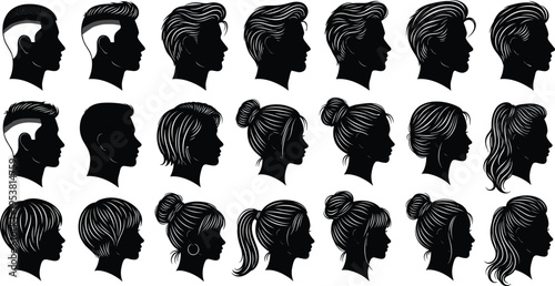 male and female hairstyle silhouettes collection, profile head icons set, trendy haircut styles isolated black vector illustration