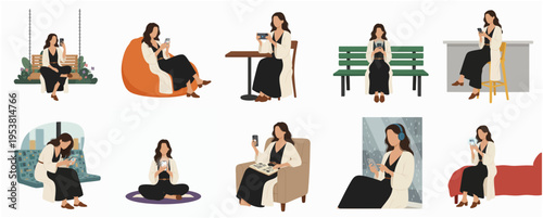 Modern Flat Illustration of Woman Using Mobile Phone in Various Poses