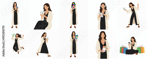 Minimalist Faceless Woman in Various Poses with Shopping Bags Illustration Set