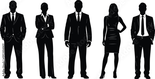 business team silhouettes set, professional men and women standing corporate group, office staff characters isolated black vector illustration