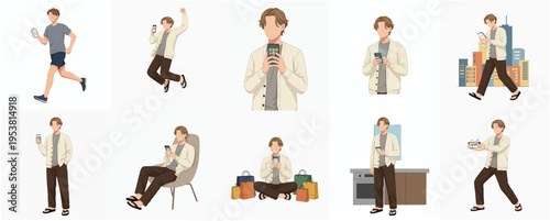 Illustrated Diverse Lifestyle Set of Young Man Using Smart Device
