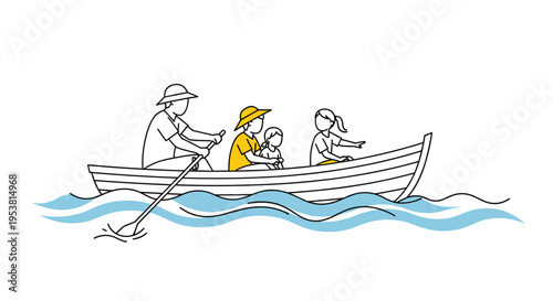 Family of four enjoying a boat ride together on calm blue water with the father rowing while others look at the scenery.