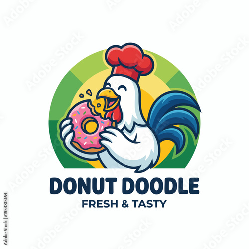 A whimsical illustration of a chicken chef merrily holding a colorful donut, combining humor and culinary delight to depict freshness and joy in the food industry.