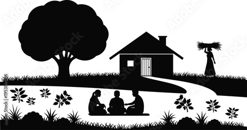Black and white silhouette illustration of rural scene with house, tree, pathway, people, and farming activity, symbolizing countryside life, tradition, community, and creative artwork projects