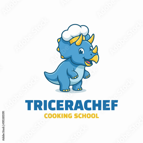 This adorable triceratops chef character, complete with a chef's hat and cheerful expression, embodies fun and creativity, making it perfect for a children's cooking school theme.