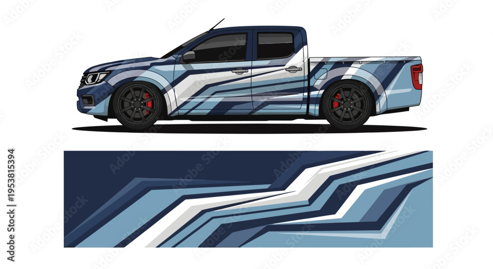 Fototapeta premium Blue graphic pickup truck with dynamic striped design and modern styling.