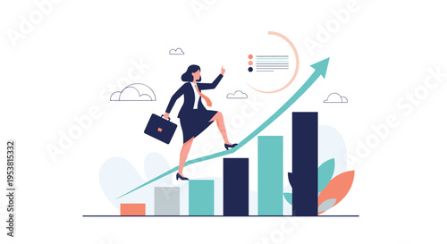 Ambitious businesswoman walking up a rising bar chart arrow representing career growth and financial success in the market.
