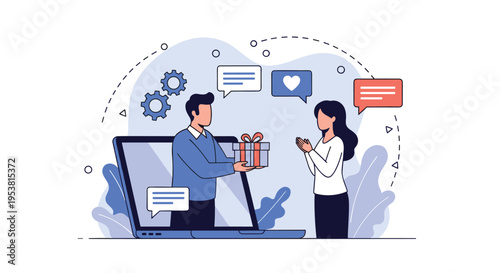 Virtual gift giving concept showing a man appearing from a laptop screen to present a wrapped present to a happy woman.