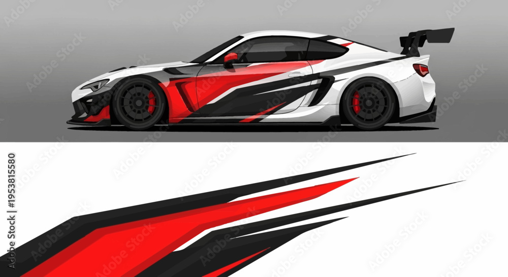 Fototapeta premium Sleek red and white race car with bold graphics and rear spoiler.