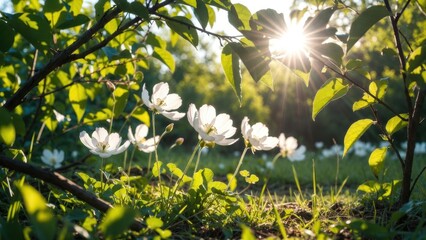 White flowers basking in low sun among green foliage