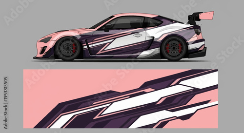 Side view of a high speed race car with bold geometric graphics and pink accents on a gray backdrop.