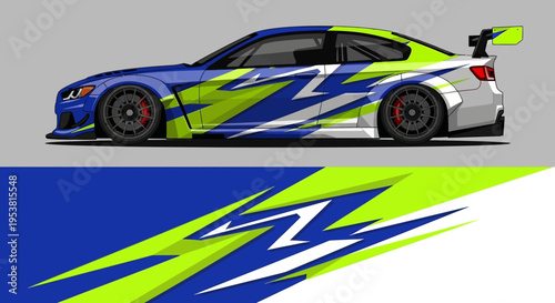 Side profile of a blue and neon green racing car with dynamic livery and graphic designs.