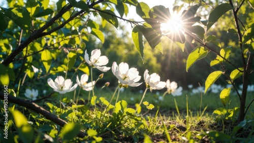 White flowers basking in low sun among green foliage