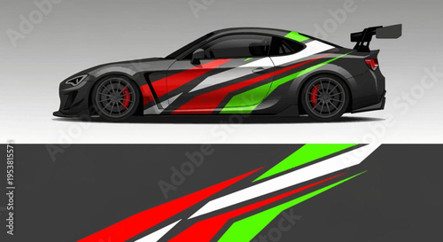 Sleek red and green racing car with bold graphic stripes and aerodynamic spoiler.