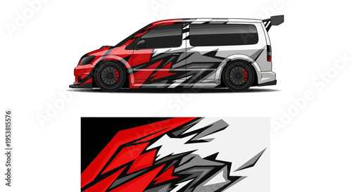 Side profile race car with bold red, black and white livery featuring dynamic graphics and geometric patterns.