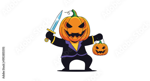 Spooky Halloween character wearing a formal suit with a large carved pumpkin head holding a sharp sword and a lantern.