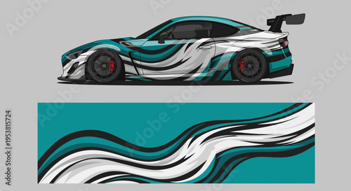 Sleek customized sports car with teal and white graphic wrap and wave design on teal banner.