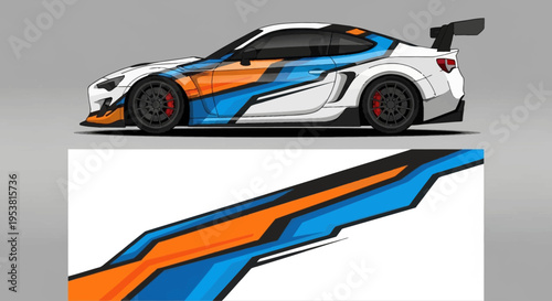 Side view of a white sports car with blue and orange racing stripes and aerodynamic styling.