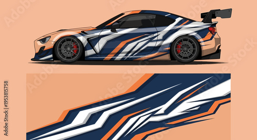 Sleek racecar with blue, white and orange graphic stripes and aerodynamic silhouette on peach background.