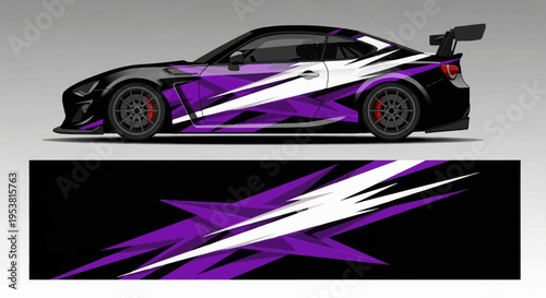 Vibrant purple racecar with bold white graphics and aerodynamic design on display.