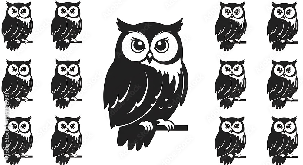 Obraz premium Set of 13 owl icons vector, black and white