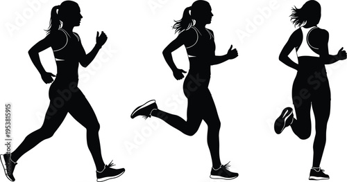 Black silhouette illustration of athlete running in three dynamic poses with ponytail hairstyle, symbolizing fitness, sports training, motion analysis, and creative artwork projects