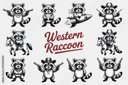 Black and white of raccoons in cowboy outfits western