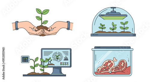 Agricultural biotechnology icons showing lab grown plants, greenhouse monitoring, and meat cultivation in controlled environments.