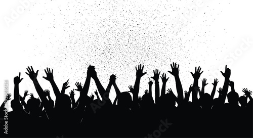 Black silhouette illustration of cheering crowd with raised hands and confetti, symbolizing celebration, unity, excitement, and participation at concert, rally, festival, or event design.
