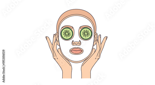 Facial beauty treatment concept showing a woman's face with a cosmetic mask and refreshing cucumber slices on her eyes.