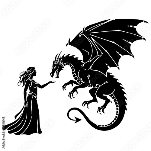 Woman in elegant dress meets mythical dragon, fantasy art, silhouette style