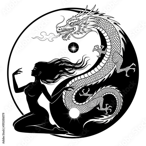 Yin Yang Dragon Woman Silhouette Mystical Balance Harmony Energy Symbol