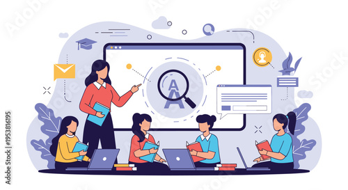 Modern e-learning classroom with a teacher explaining lessons on a screen to students using laptops and books.