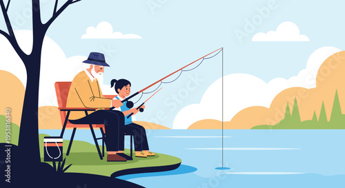 Touching family moment featuring a grandfather and his young granddaughter fishing together by a peaceful lake at sunset.