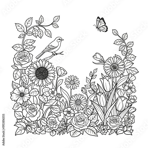 Whimsical Garden Scene: Bird, Butterfly, and Blooming Flowers Coloring Page