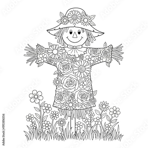 Whimsical Scarecrow Decorated with Flowers, Coloring Page for Autumn and Fall