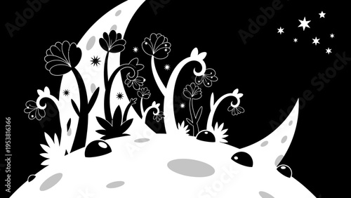 Whimsical Moon Garden with Stars: Surreal Black and White Fantasy Landscape