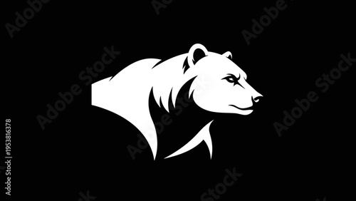 White Bear Silhouette Head Profile on Black Background, Powerful Animal Icon