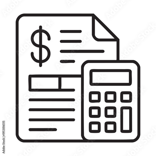The financial document and calculator illustration shows a bill with a dollar sign alongside a calculator on a plain surface in a simple graphic.