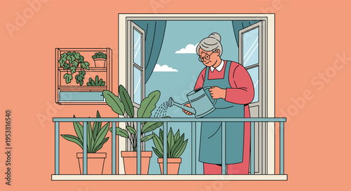 Serene senior woman caring for her lush green plants with a watering can on a sunny balcony overlooking the city.