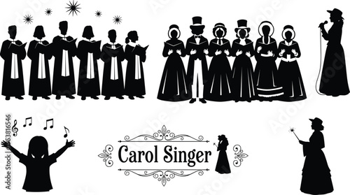 Black silhouette illustration of Christmas carol singers in choir, Victorian carolers, and festive performers with musical notes, artwork concept for holiday, music, tradition, celebratio